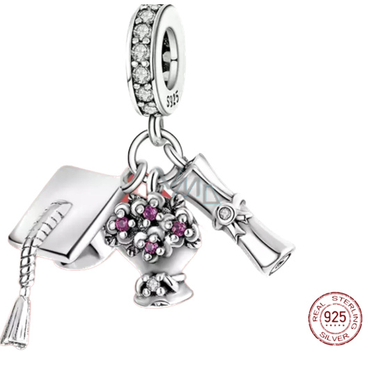 Charm Sterlingové stříbro 925 Gradace - Promoční čepice, diplom, květiny, 3v1 Absolvent přívěsek na náramek Charm Sterlingové stříbro 925 Gradace - Promoční čepice, diplom, květiny, 3v1 Absolvent přívěsek na náramek