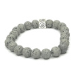 Láva světle šedá s královskou mantrou Óm, náramek elastický přírodní kámen, kulička 8 mm / 16 - 17 cm, zrozen ze čtyř živlů