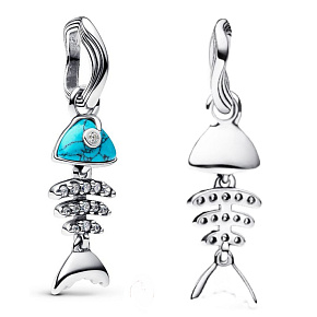 Charm Mini medailon - Tyrkysově zbarvený motiv rybí kosti, přívěsek na náramek zvíře