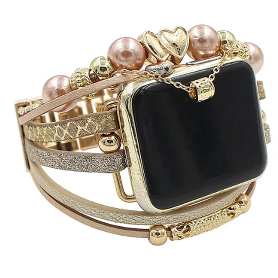 Apple Watch řemínek na hodinky ručně vyráběný Zlatý se srdíčky, velikost 38/40/41 mm