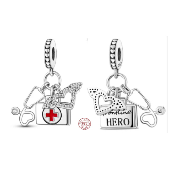 Srebrny naszyj 925 Lekarz 3w1 stetoskop, lekarnik i naszyj w kształcie serca z kryształem