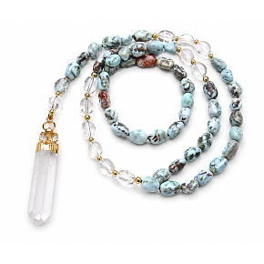 108 Mala Larimar náhrdelník meditační šperk, přírodní kámen surový křišťál, nuget 6 - 9 mm, přívěsek 8 - 15 x 45 - 70 mm