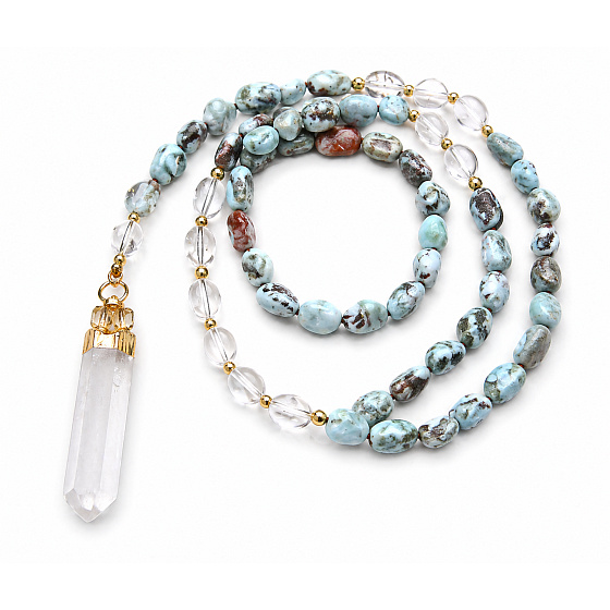 108 Mala Larimar náhrdelník meditační šperk, přírodní kámen surový křišťál, nuget 6 - 9 mm, přívěsek 8 - 15 x 45 - 70 mm