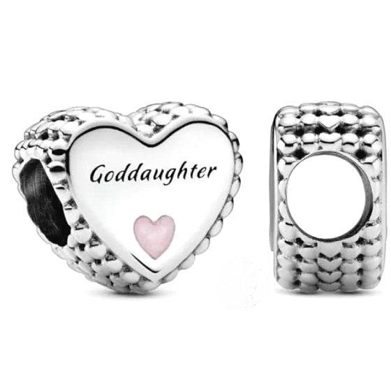 Charm Srdce amulet ke křtinám - kmotřenka, korálek na náramek rodina