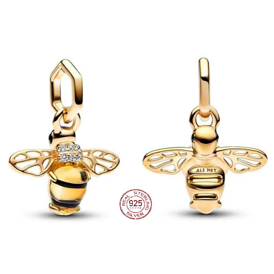 Charm Mini medailon - Včela s černým a sírově žlutým krystalem, přívěsek na náramek zvíře