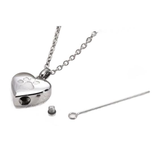 Pamětní, pietní urnový přívěsek, Srdce lesklé stříbrné, voděodolné, nerezová ocel 19 x 29 mm + řetízek 50 cm