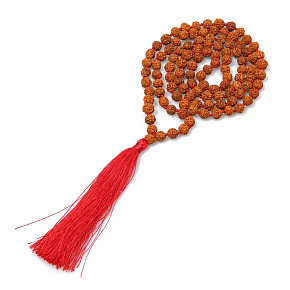 108 Mala Rudraksha meditační šperk, vázaný přírodní náhrdelník, ruční výroba, korálek 8 mm, střapec 8 cm, červený
