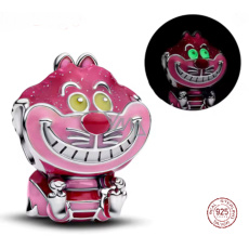 Charm Sterlingové stříbro 925 Disney Alenka v říši divů, růžová kočka s úsměvem svítí ve tmě, korálek na náramek film
