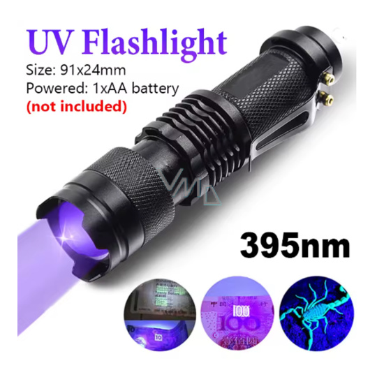 Svítilna přenosná LED UV svítilna 395 nm – kompaktní detektor nečistot a bankovek 