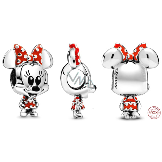 Charm Sterlingové stříbro 925 Disney Minnie Mouse myška s puntíkovanými šaty a mašlí, korálek na náramek, film Charm Sterlingové stříbro 925 Disney Minnie Mouse myška s puntíkovanými šaty a mašlí, korálek na náramek, film