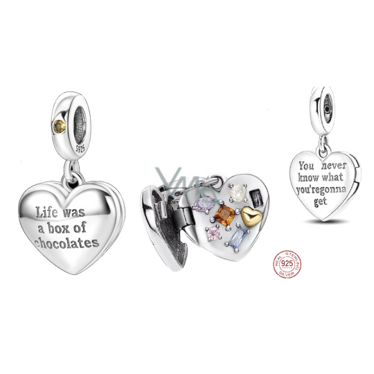 Charm Sterlingové stříbro 925 Nikdy nevíš co dostaneš - krabička na čokoládu ve tvaru srdce, bonboniéra, otevíratelný přívěsek na náramek narozeniny
