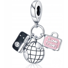 Charm Zeměkoule, fotoaparát, růžový kufr 3v1, přívěsek na náramek cestování Charm Zeměkoule, fotoaparát, růžový kufr 3v1, přívěsek na náramek cestování