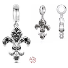 Charm Sterlingové stříbro 925 Lilie s černými kubickými zirkony, přívěsek na náramek symbol