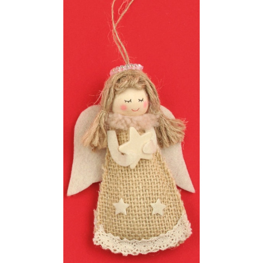 Anděl jutový hvězda v ruce na zavěšení 10 cm
