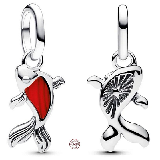 Charm Mini medailon - Rybka Koi s červeným smaltem, přívěsek na náramek zvíře