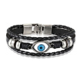 Kožený vícevrstvý náramek hnědý, symbol modré oko, nastavitelná velikost