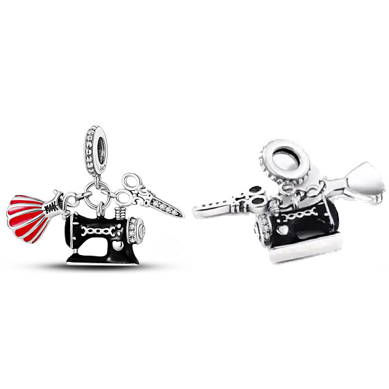 přívěsek Šicí přívěsek - šicí stroj, šaty, nůžky 3v1 ze stříbra 925