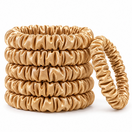 Hedvábná gumička do vlasů 100% přírodní hedvábí – šetrná scrunchie, zlatá 5 kusů