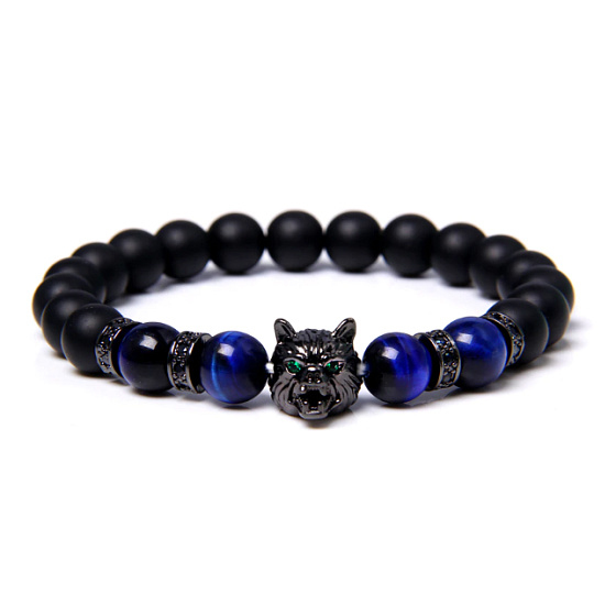 Láva černá + Tygří oko tmavě modré + Vlčí hlava náramek elastický přírodní kámen, kulička 8 mm / 21 cm