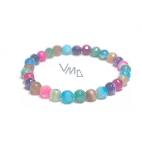 Achát pestrobarevný fazet čakrtový náramek elastický přírodní kámen, kulička 6 mm / 16 - 17 cm, klid - ochrana - síla - harmonie