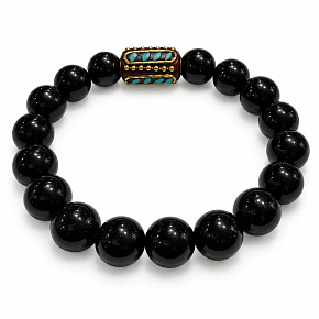 Obsidiánový náramek elastický s tyrkysově zdobeným korálkem, přírodní kámen, kulička 10 mm / 16–17 cm | Talisman klidu a ochrany