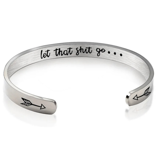 Nerezová ocel náramek stříbrný s gravírováním Nechte to jít, otevřená manžeta, 4 mm Nerezová ocel náramek stříbrný s gravírováním Nechte to jít, otevřená manžeta, 4 mm
