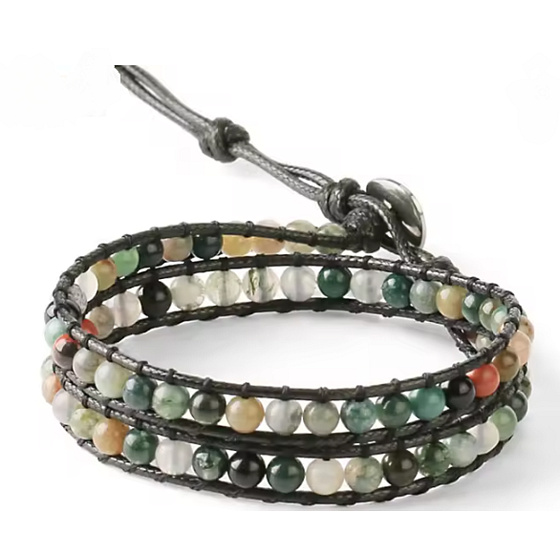 Achát Indický kožený náramek přírodní kámen, ručně vyráběný, zapínací, kulička 4 mm, cca 24 cm, dodává odvaku a sílu