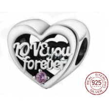 Charm Sterlingové stříbro 925 Srdce a nápis navždy mami - forever Mom + zirkony, korálek na náramek rodina