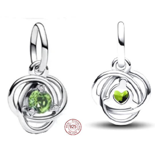 Charm Sterlingové stříbro 925 Zelený světlý kruh věčnosti srpen, přívěsek na náramek symbol