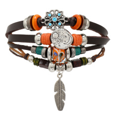 Kožený vícevrstvý náramek, symbol peříčko + měsíc / slunce, nastavitelná velikost