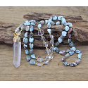 108 Mala Larimar náhrdelník meditační šperk, přírodní kámen surový křišťál, nuget 6 - 9 mm, přívěsek 8 - 15 x 45 - 70 mm