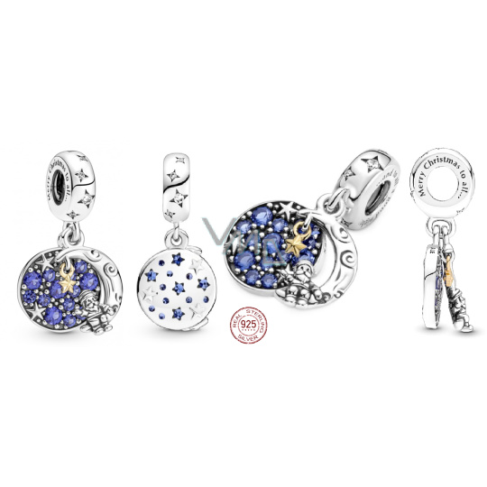 Charm Sterlingové stříbro 925 Santa na měsíci 2v1, přívěsek na náramek Vánoce