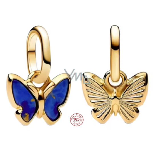 Charm Sterlingové stříbro 925 Mini medailon Motýl, modrý malý, pozlacený, přívěsek na náramek zvíře