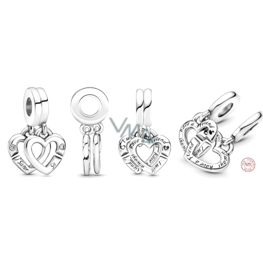 Charm Sterlingové stříbro 925 Spojená sesterská srdce, 2v1 rozdělitelný přívěsek na náramek rodina
