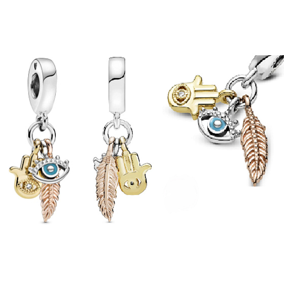 Charm Ochranný amulet, ruka Fatimy, oko proroka a peříčko, talisman 3v1, přívěsek na náramek symbol