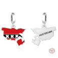 Charm Sterlingové stříbro 925 Nizozemsko Amsterodam vlajka - houpající se mapa přívěsek na náramek cestování