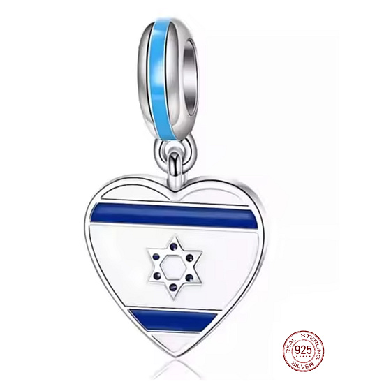 Charm z sterlingového stříbra 925 – izraelská vlajka ve tvaru srdce s Davidovou hvězdou, přívěsek na náramek, motiv cestování