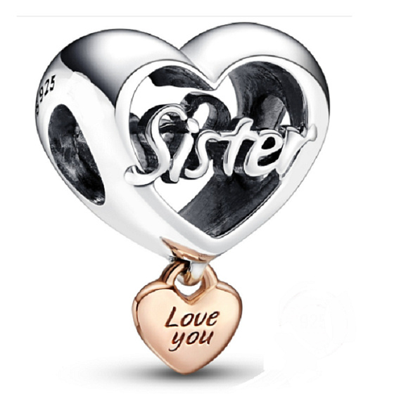 Charm Srdce a nápis Miluji tě sestro - Love you Sister, korálek na náramek rodina