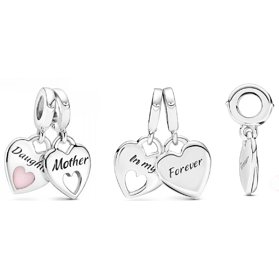 Charm Srdíčkové přívěsky Matka a dcera - double heart, 2v1 přívěsek na náramek rodina