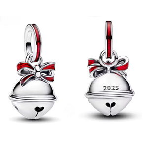 Charm Vánoční rolnička s červenou mašlí 2025,  přívěsek na náramek vánoce
