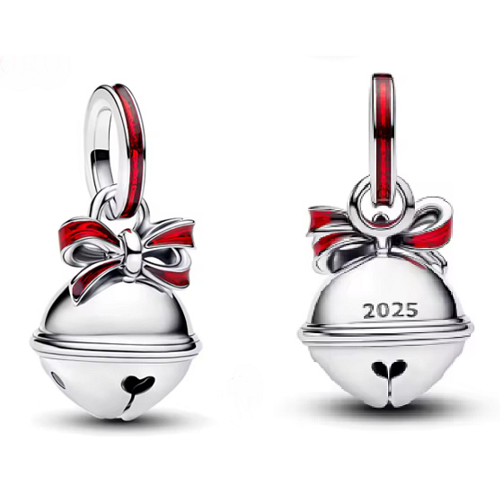 Charm Vánoční rolnička s červenou mašlí 2025,  přívěsek na náramek vánoce