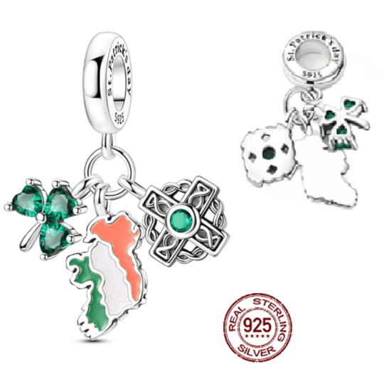 Charm Sterlingové stříbro 925 Irsko – Den svatého Patrika, houpající se mapa, trojlístek a keltský uzel, 3v1 přívěsek na náramek cestování Charm Sterlingové stříbro 925 Irsko – Den svatého Patrika, houpající se mapa, trojlístek a keltský uzel, 3v1 přívěsek na náramek cestování