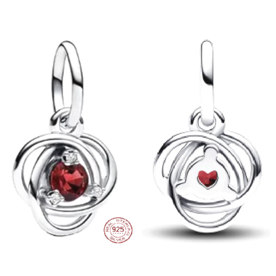 Charm Sterlingové stříbro 925 Červený temně kruh věčnosti leden, přívěsek na náramek symbol