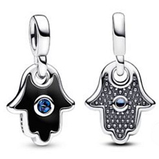 Charm Sterlingové stříbro 925 Mini medailon - Ruka Fatimy, Hamsa s hvězdně modrým krystalem a černým smaltem, přívěsek na náramek symbol