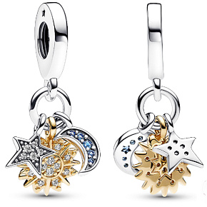 Charm Nebeské kouzlo se zirkony, slunce, hvězda, půlměsíc, 3v1 přívěsek na náramek vesmír
