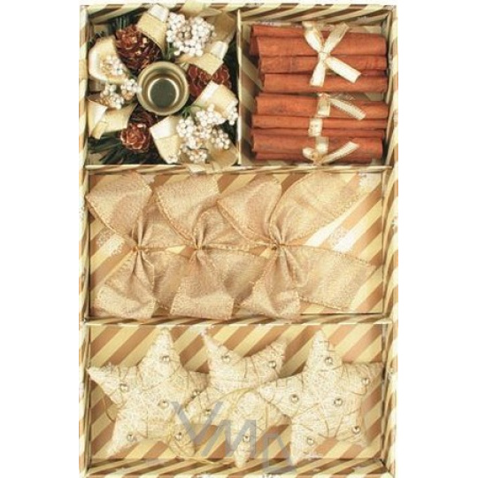 Svícen se skořicí, mašlemi a hvězdami zlatá souprava 13 kusů