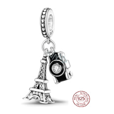 Charm Sterlingové stříbro 925 Paříž Eiffelova věž + fotoaparát, pozdrav z Francie, 2v1 přívěsek na náramek cestování