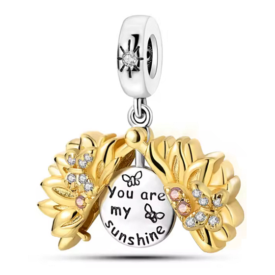 Rozkvetlá slunečnice s nápisem-jsi moje sluníčko pozlacené, stříbrný 925 přívěsek na náramek