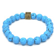 Láva jasně modrá s královskou mantrou Óm, náramek elastický přírodní kámen, kulička 8 mm / 16 - 17 cm, zrozen ze čtyř živlů