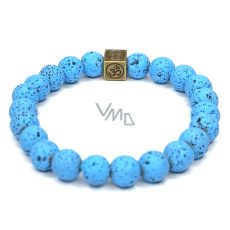 Láva jasně modrá s královskou mantrou Óm, náramek elastický přírodní kámen, kulička 8 mm / 16 - 17 cm, zrozen ze čtyř živlů